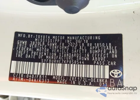 2019 Toyota Corolla Le z USA, uszkodzony, nr VIN 5YFBURHE7KP858544